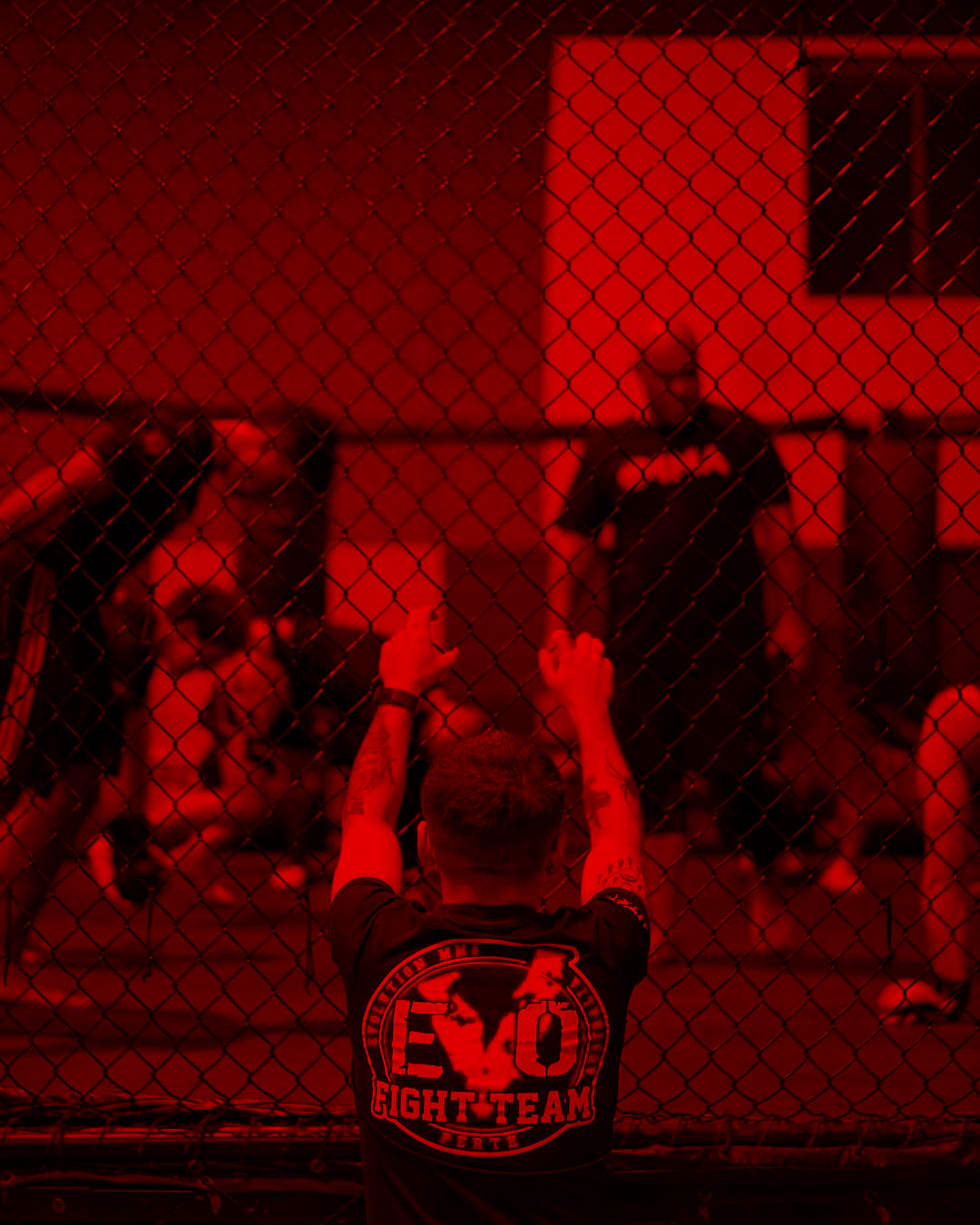 Evolution MMA training environment with dramatic red lighting and cage view